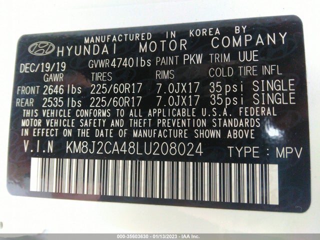 2020 HYUNDAI TUCSON SE VIN: KM8J2CA48LU208024