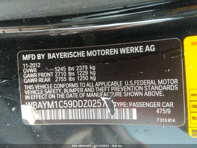 2013 BMW 6 SERIES 650I XDRIVE VIN: WBAYM1C59DDZ02579