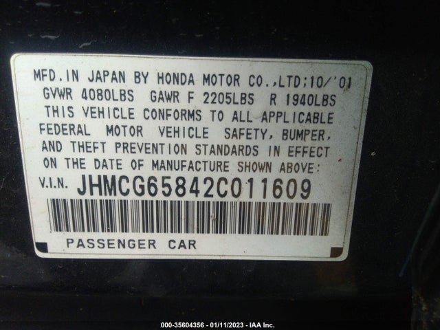 2002 HONDA ACCORD SDN EX VIN: JHMCG65842C011609