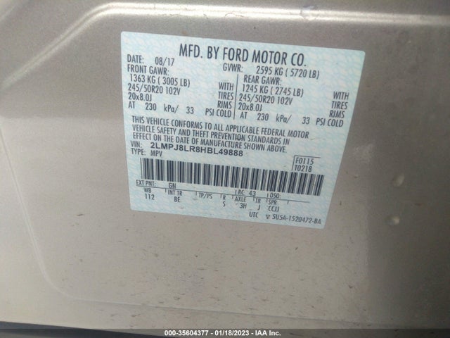 2017 Lincoln MKX, VIN: 2LMPJ8LR8HBL49888