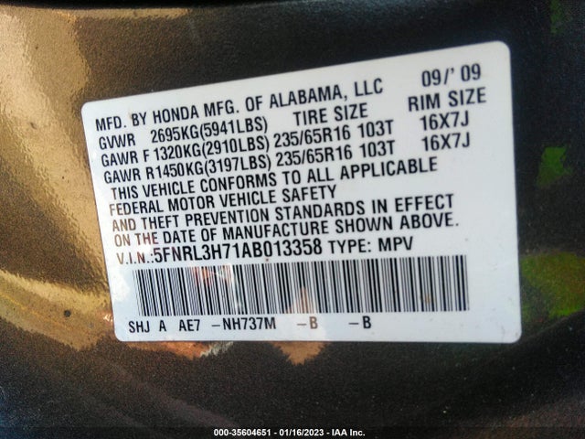 2010 HONDA ODYSSEY EX-L VIN: 5FNRL3H71AB013358
