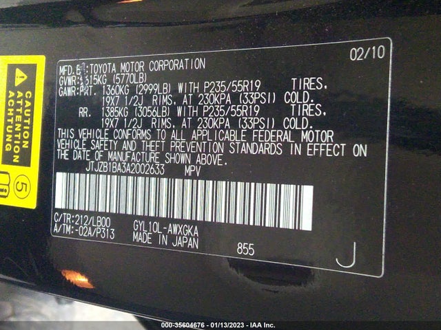 2010 LEXUS RX 450H VIN: JTJZB1BA3A2002633