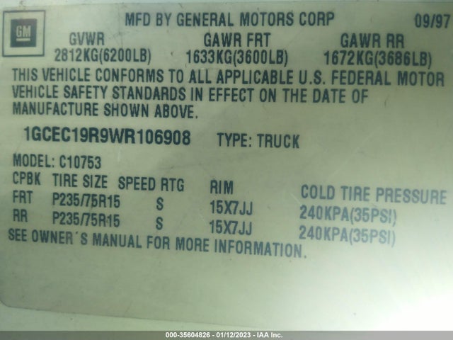 1998 CHEVROLET C/K 1500 VIN: 1GCEC19R9WR106908