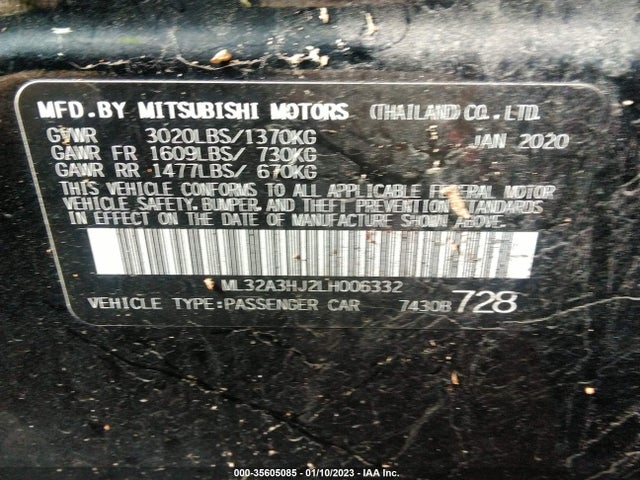 2020 MITSUBISHI MIRAGE ES/SE VIN: ML32A3HJ2LH006332
