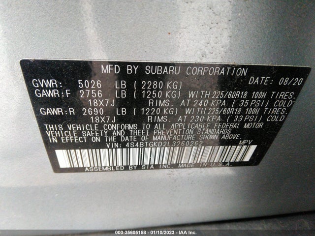 2020 Subaru Outback, VIN: 4S4BTGKD2L3260262