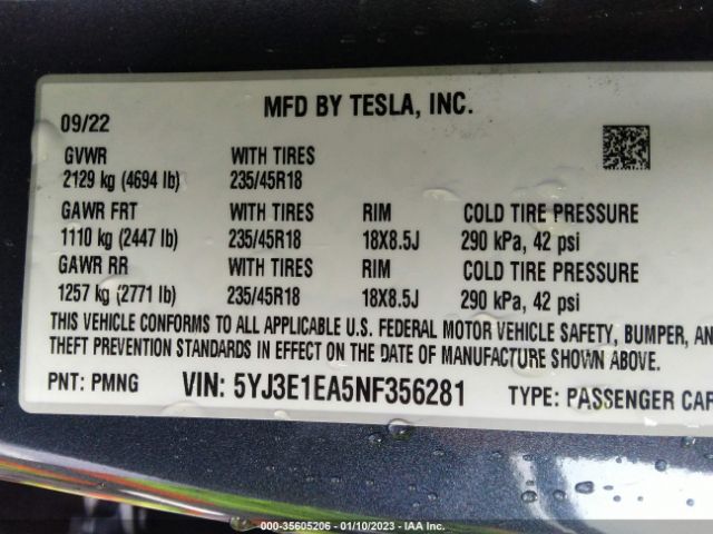 5YJ3E1EA5NF356281 Tesla MODEL 3