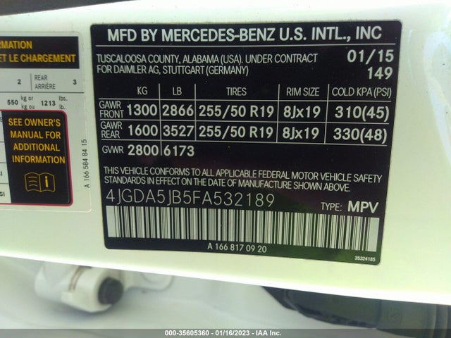 2015 MERCEDES-BENZ M-CLASS ML 350 VIN: 4JGDA5JB5FA532189