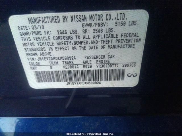 35605473 :رقم المزاد ، JN1EV7AR0KM590924 vin ، 2019 Infiniti Q50 3.0t Signature Edition مزاد بيع
