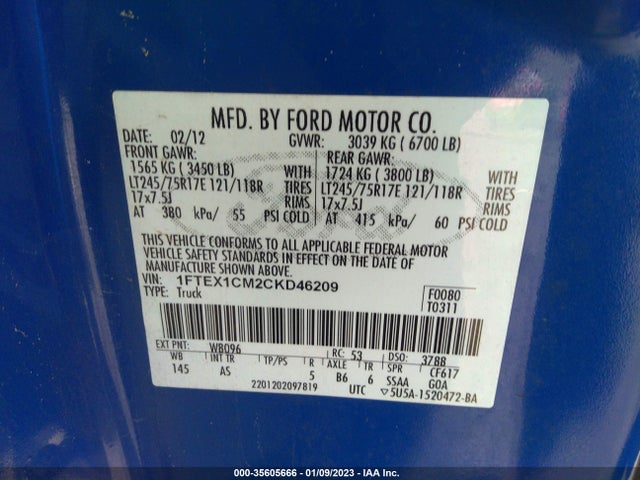 2012 FORD F-150 XL/STX/XLT VIN: 1FTEX1CM2CKD46209