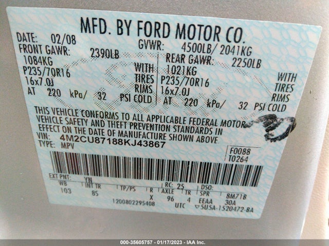 2008 MERCURY MARINER PREMIER VIN: 4M2CU87188KJ43867