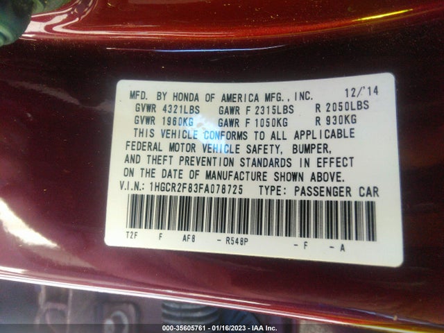 Honda Accord Sedan Ex-l 2015 1HGCR2F83FA078725 Image 10