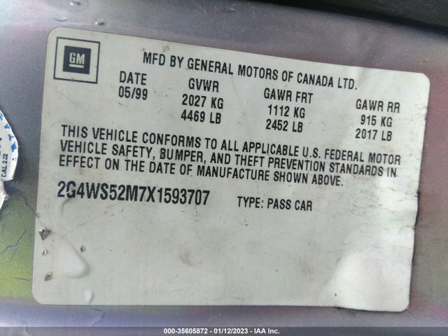 1999 BUICK CENTURY CUSTOM VIN: 2G4WS52M7X1593707