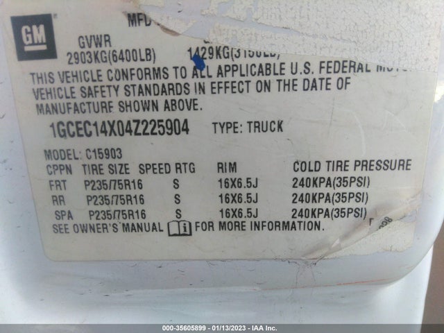 2004 CHEVROLET SILVERADO 1500 WORK TRUCK VIN: 1GCEC14X04Z225904
