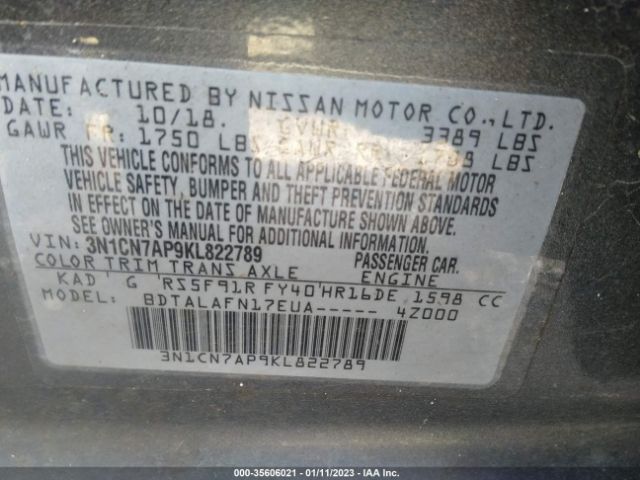 3N1CN7AP9KL822789 Nissan Versa Sedan S