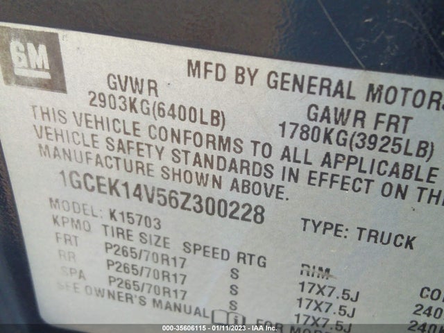 2006 CHEVROLET SILVERADO 1500 WORK TRUCK VIN: 1GCEK14V56Z300228
