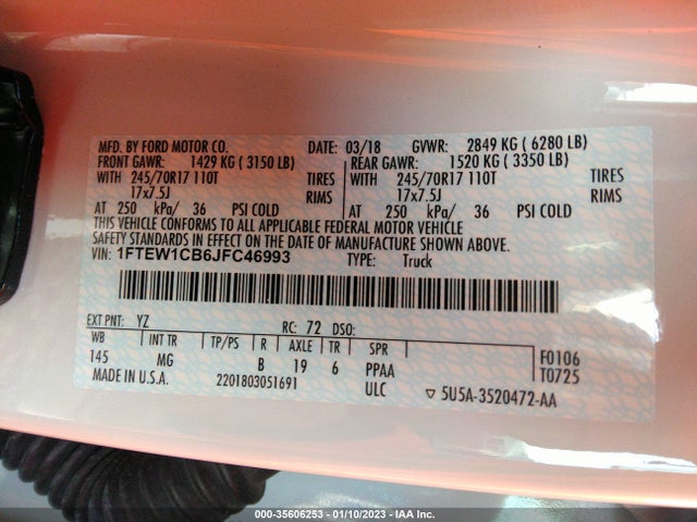 2018 FORD F-150 XL/XLT VIN: 1FTEW1CB6JFC46993