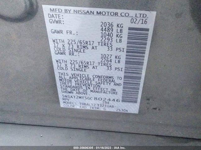 2016 NISSAN ROGUE SV VIN: 5N1AT2MT5GC802446