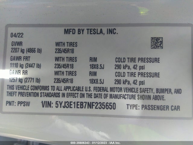 Tesla Model 3 Long Range 2022 5YJ3E1EB7NF235650 Image 9