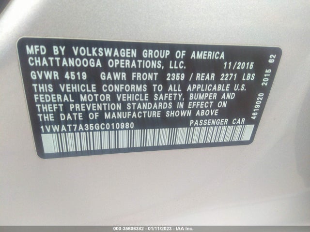 2016 Volkswagen Passat, VIN: 1VWAT7A35GC010980