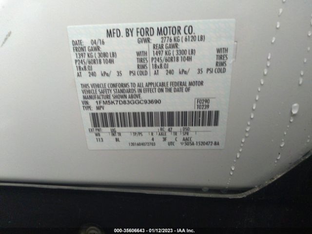 Ford EXPLORER XLT 2016 1FM5K7D83GGC93690 Image 9