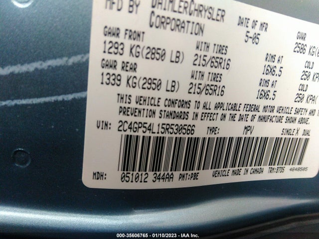 2005 CHRYSLER TOWN & COUNTRY TOURING VIN: 2C4GP54L15R530566