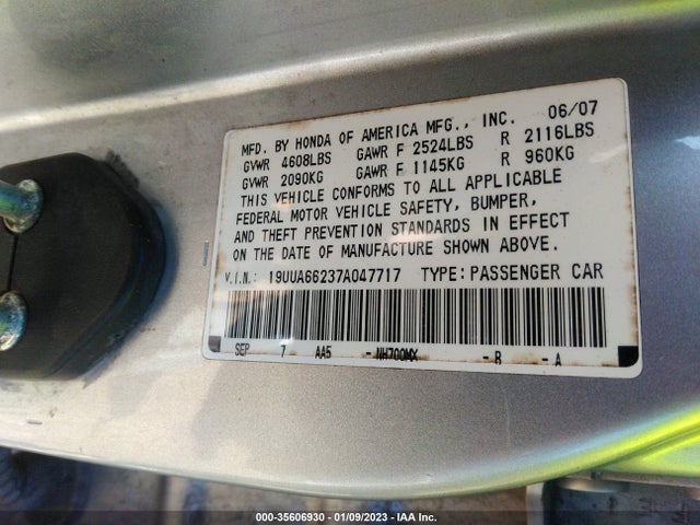 2007 ACURA TL VIN: 19UUA66237A047717