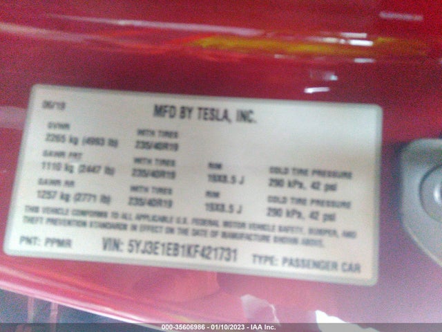 Tesla Model 3 Long Range/performance 2019 5YJ3E1EB1KF421731 Image 10
