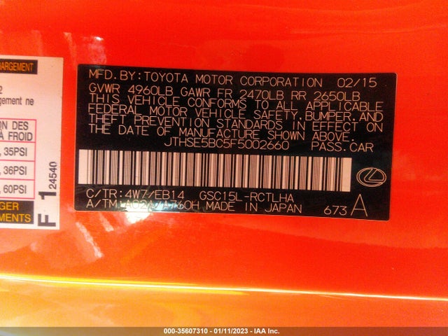 2015 Lexus RC, VIN: JTHSE5BC5F5002660