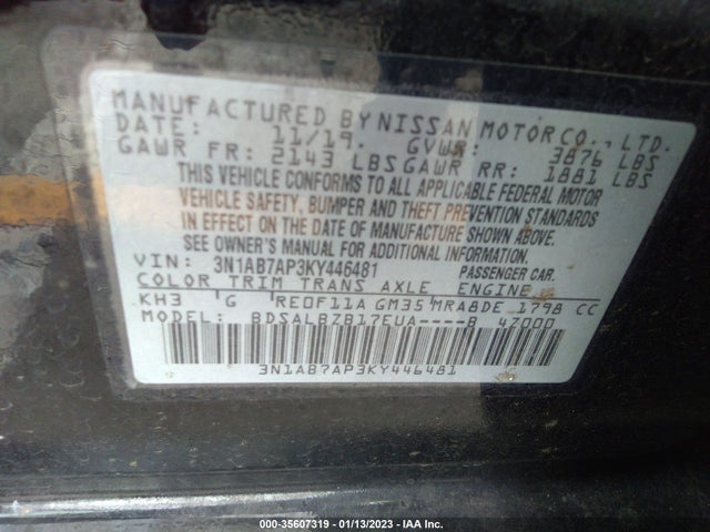 2019 NISSAN SENTRA S VIN: 3N1AB7AP3KY446481