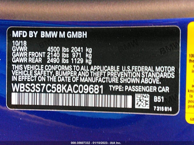 2019 BMW M4, VIN: WBS3S7C58KAC09681