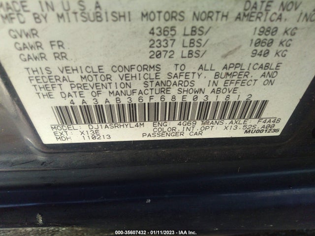 2008 MITSUBISHI GALANT ES VIN: 4A3AB36F68E031812