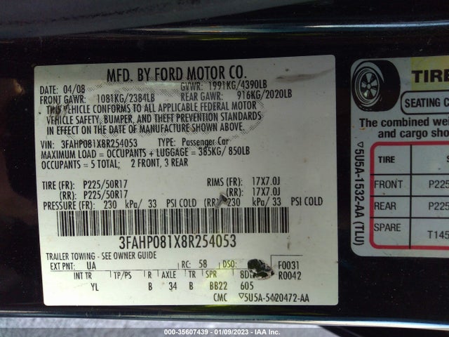 2008 FORD FUSION SEL VIN: 3FAHP081X8R254053