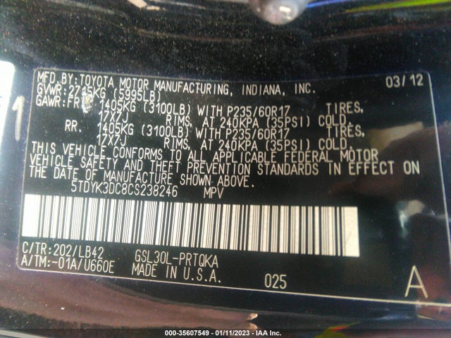 2012 TOYOTA SIENNA XLE AAS/XLE/LTD VIN: 5TDYK3DC8CS238246