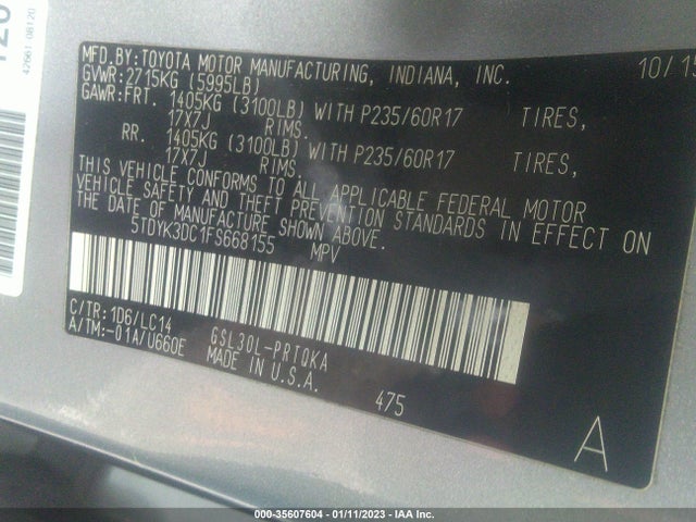 2015 TOYOTA SIENNA XLE VIN: 5TDYK3DC1FS668155