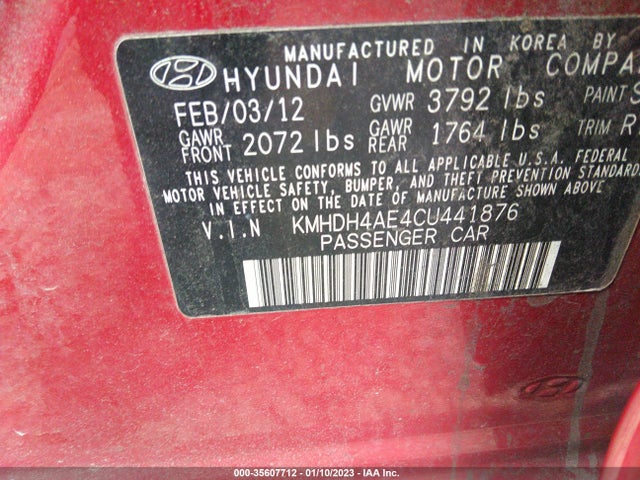 2012 HYUNDAI ELANTRA LIMITED PZEV VIN: KMHDH4AE4CU441876