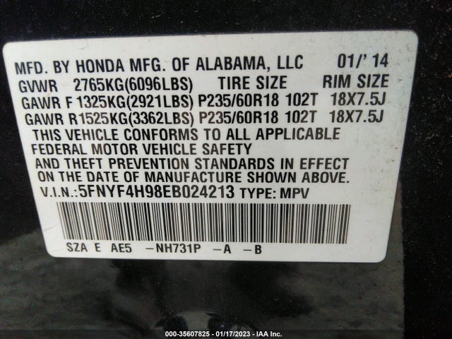2014 HONDA PILOT TOURING VIN: 5FNYF4H98EB024213
