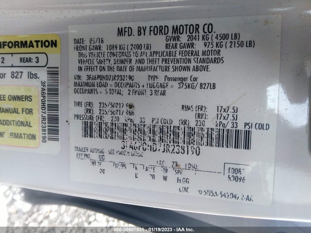 2018 Ford Fusion, VIN: 3FA6P0HD7JR238190