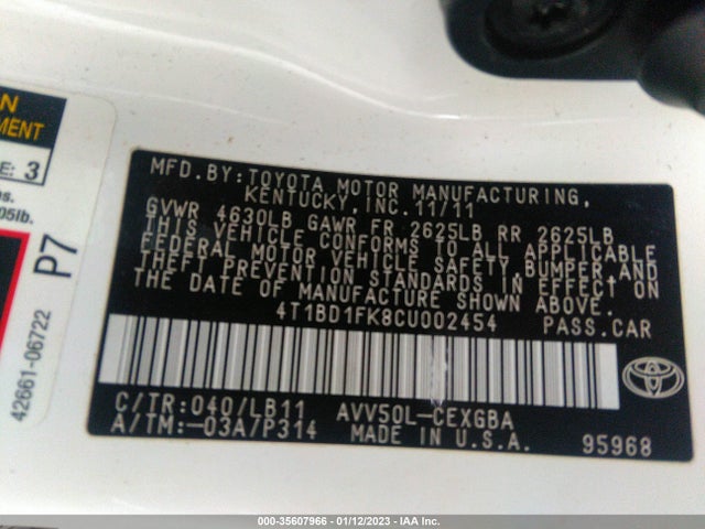 2012 TOYOTA CAMRY HYBRID XLE/LE VIN: 4T1BD1FK8CU002454