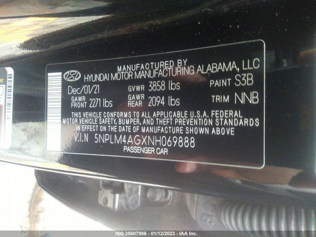 2022 HYUNDAI ELANTRA SEL VIN: 5NPLM4AGXNH069888