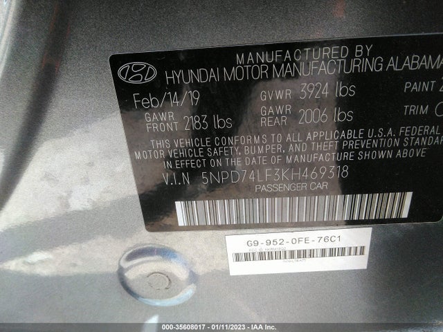 2019 HYUNDAI ELANTRA SE VIN: 5NPD74LF3KH469318