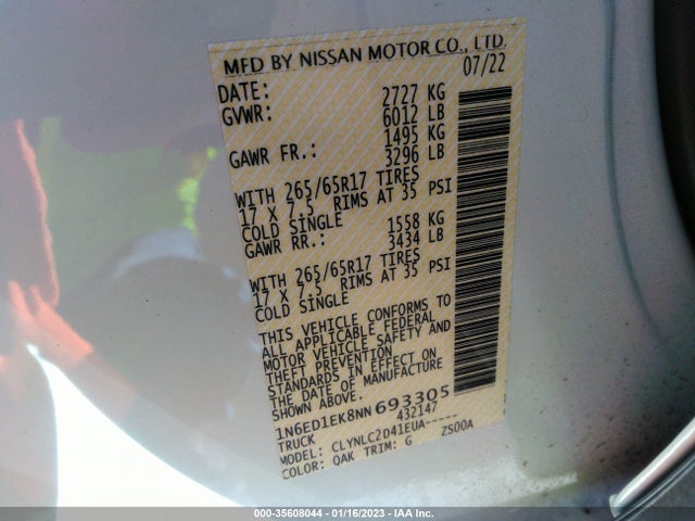 2022 Nissan Frontier, VIN: 1N6ED1EK8NN693305