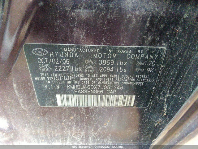 2007 HYUNDAI ELANTRA GLS/SE/LTD VIN: KMHDU46DX7U051348