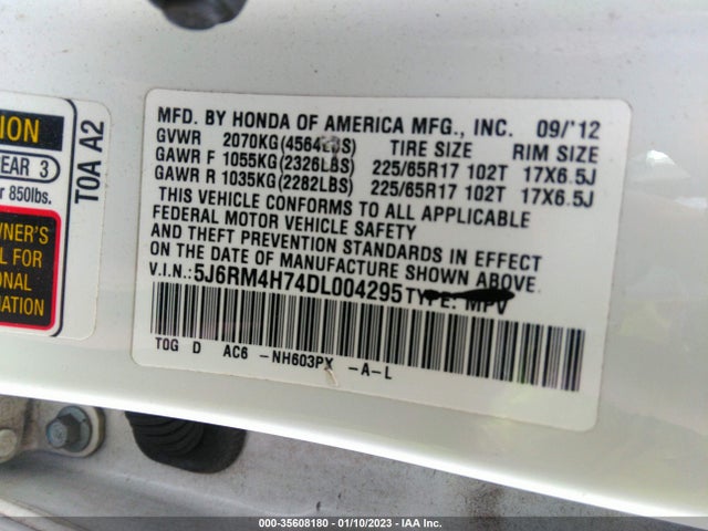 2013 HONDA CR-V EX-L VIN: 5J6RM4H74DL004295