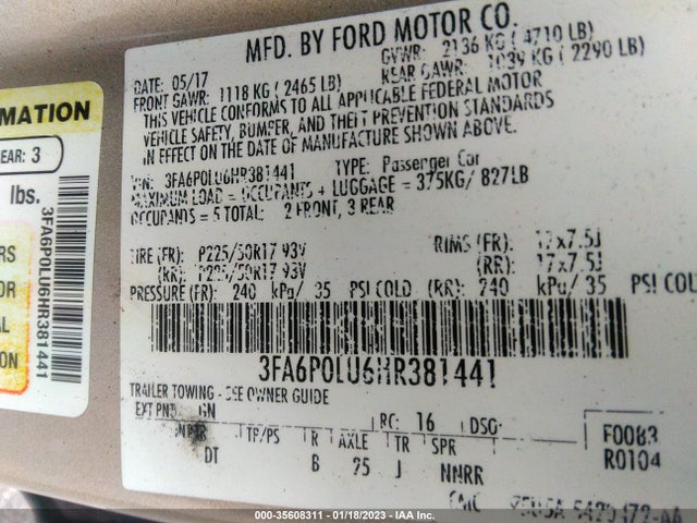 2017 Ford Fusion, VIN: 3FA6P0LU6HR381441