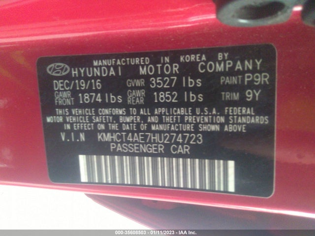 2017 HYUNDAI ACCENT SE VIN: KMHCT4AE7HU274723