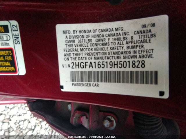 2009 HONDA CIVIC SDN LX VIN: 2HGFA16519H501828