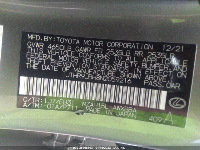 2022 Lexus UX, VIN: JTHR9JBH8N2059216