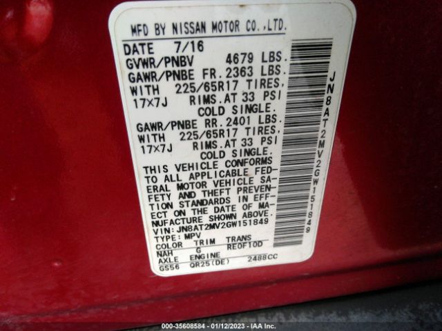 JN8AT2MV2GW151849 Nissan Rogue Sv/sl/s