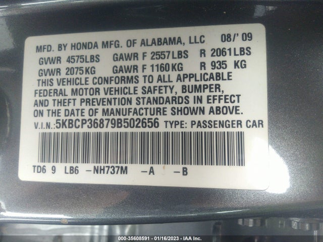 2009 HONDA ACCORD SDN EX-L VIN: 5KBCP36879B502656