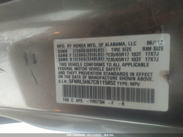 2012 HONDA ODYSSEY EX-L VIN: 5FNRL5H67CB115852